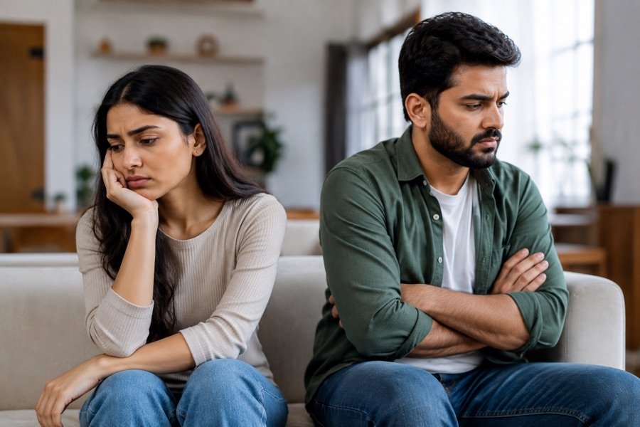 Love problem — couple sitting apart, upset